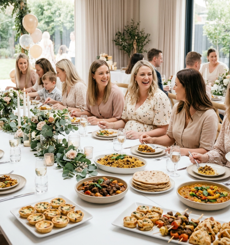 Firefly_Gemini Flash_A baby shower catering scene with smiling white women and families seated together at 606618