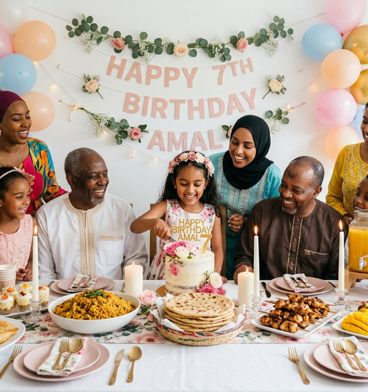 Firefly_Gemini Flash_A joyful birthday celebration setup with a diverse family gathered around a decorated 62970